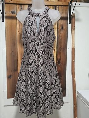 Halter Keyhole Lace Mini Dress in Black and Silver